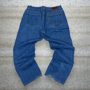 Woolrich Flannel Lined Jeans Medium Wash Work Wear Denim Relaxed Leather Logo